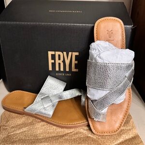 FRYE Women's Felix Band Slide Sandals in a metallic silver color